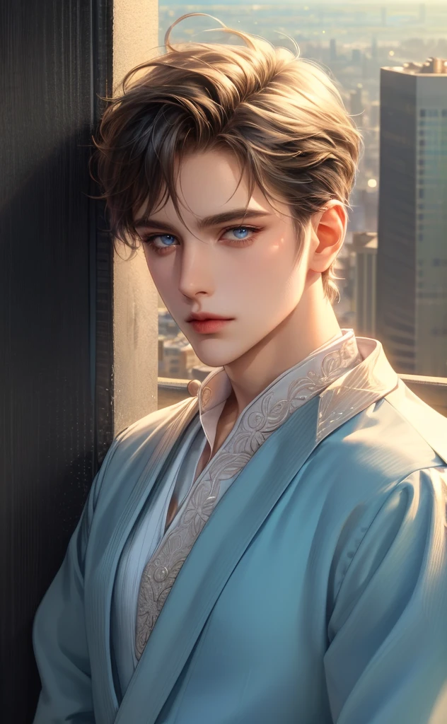 from outside, (Handsome young man), complex light, pastel colours, (((Detailed face))), against the backdrop of the city