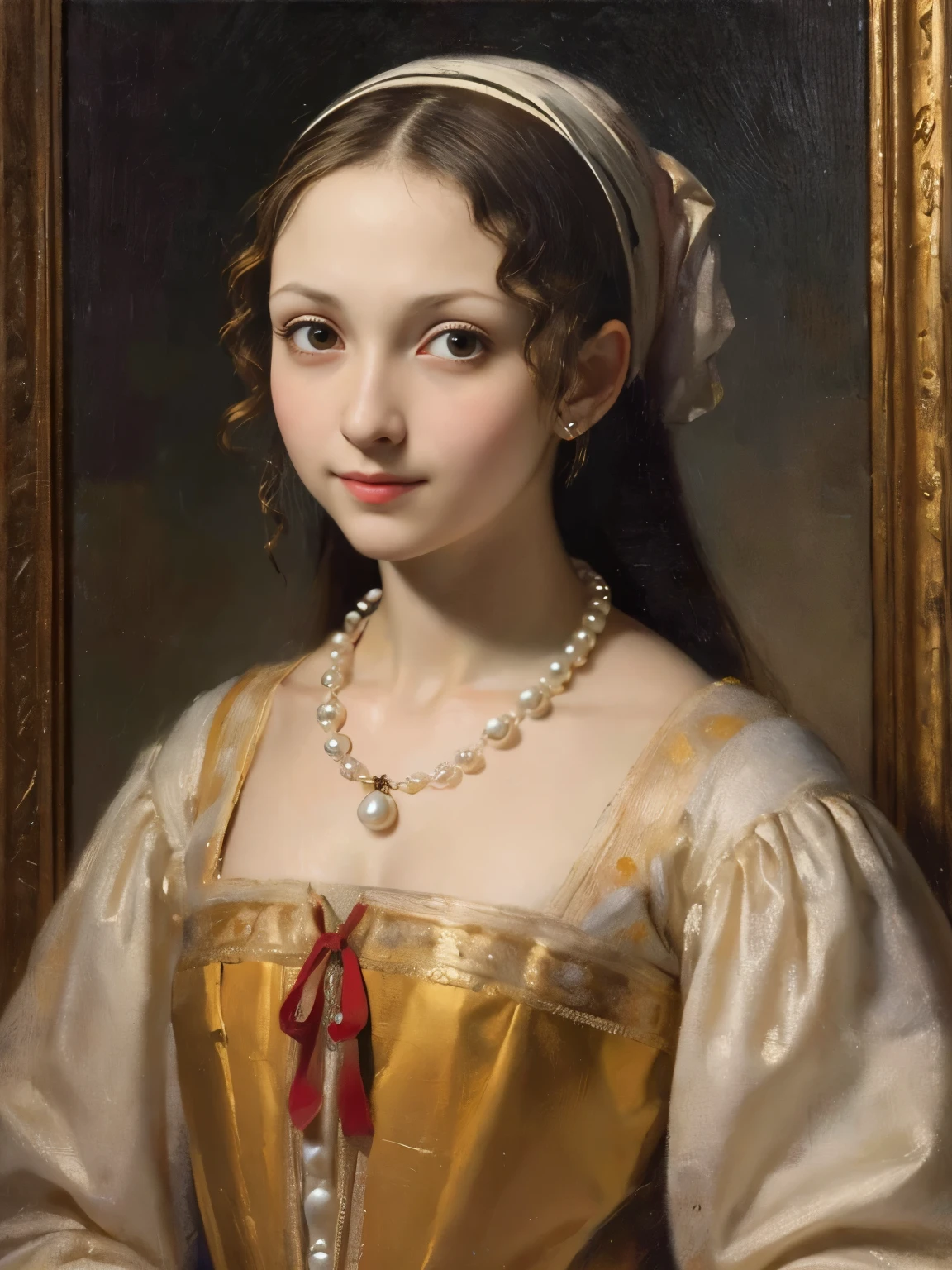一幅油画，達文西藝術風格。一个美丽的少女的肖像，圆脸，微笑：1.37，美丽的中世纪服装，珍珠項鍊，艺术创造力:1.37,油畫筆觸，油畫質感，光影构图