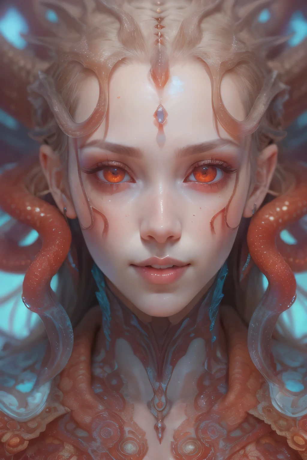 Portrait, (beautiful female alien:1.2),  (There is a female genital-like organ in the middle of the forehead.:1.8), (The most beautiful face in the history of the universe:1.2), (scarlet eyes:1.6), (Translucent skin:1.8), an evil gaze that seduces, (red eyes:1.5), (large mouth:1.1), Full body like, (bio luminescent:1.2), (Smile wickedly:1.3),  (sexypose:1.5), alien, No humans, cells are fused, (Lots of translucent tentacles:1.1) (Translucent skin:1.3), extraterrestrial, cell, bio image, Best Quality, 8K,4K_quality, High Definition, Dramatic Lighting, masutepiece:1.5,cinematic quality, detail up, (Intricate details:1.2), High resolution, High Definition, drawing faithfully, (Thick eyebrows:1.2), Beautiful eyes with fine symmetry, (Ultra detailed eyes:1.2),(Highly detailed face and eyes:1.2), (High-resolution red-eye:1.4), Intimate face, (Super detailed skin quality feeling:1.4), Perfect Anatomy,  (Beautiful toned body:1.5),  (Moist skin:1.2), No makeup, (dark circles:1.1), long canines, cinematic drawing of characters, ultra high quality model, cinematic quality, detail up, (Intricate details:1.2), High resolution, High Definition, drawing faithfully, Official art, Unity 8K wall  , 8K Portrait, Best Quality, Very High resolution, ultra detailed artistic photography, midnight aura,  unreal enginee 5, Ultra Sharp Focus, art by alberto seveso, ArtGerm, Roisch, intricate artwork, best quality, masutepiece, ultra High resolution, (photos realistic:1.4), Ultra-realistic realism, dream-like,  nautilus, Creation of fantasy, Snail, Dream Snail,  biopunk nautilus, Thrilling color schemes， Ultra-realistic realism， seductively smiling, Blue tentacles