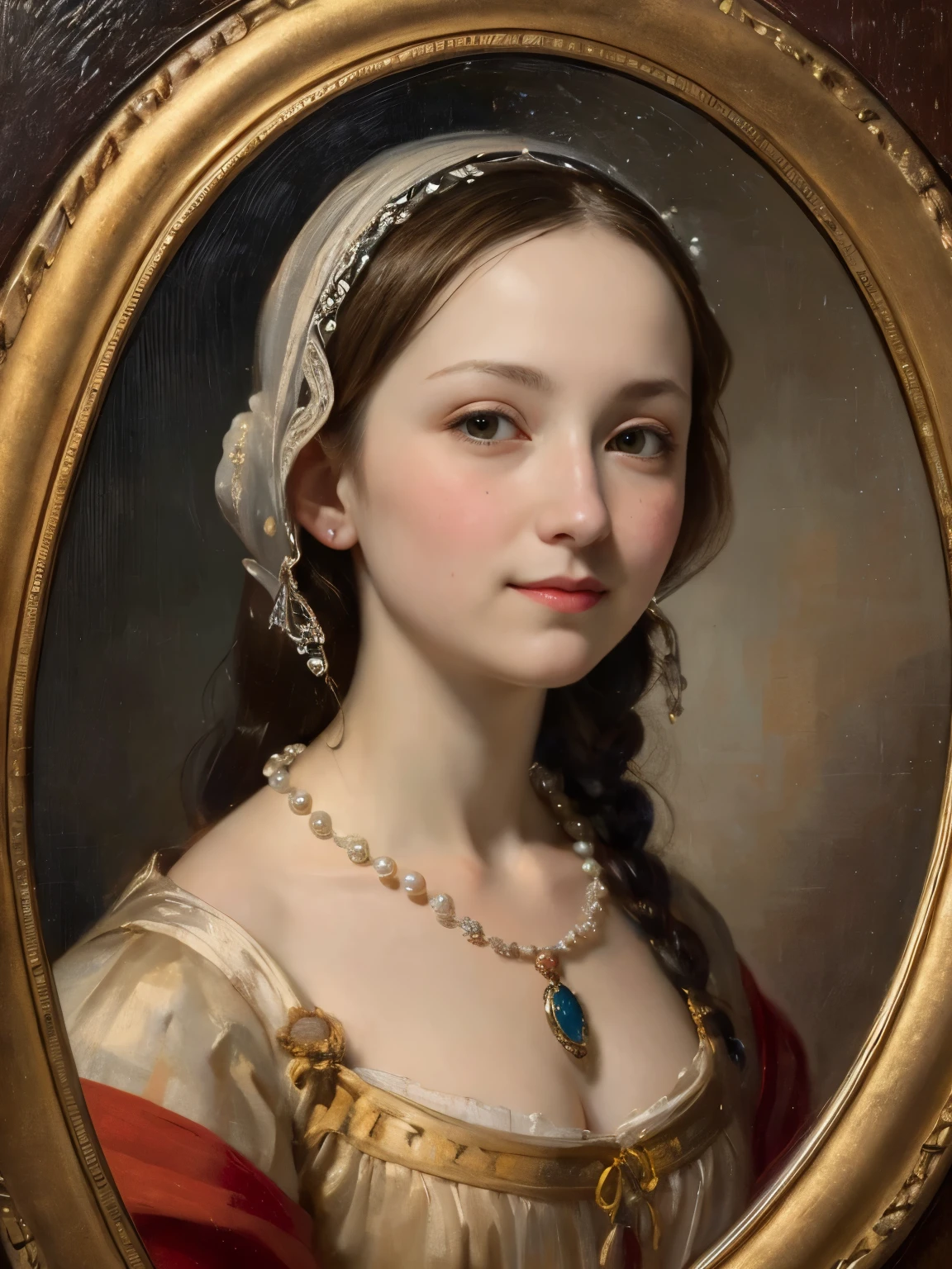 一幅油画，達文西藝術風格。一个美丽的少女的肖像，圆脸，微笑：1.37，美丽的中世纪服装，珍珠項鍊，艺术创造力:1.37,油畫筆觸，油畫質感，光影构图