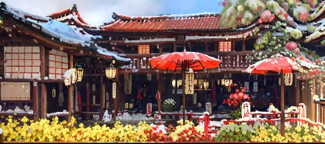 there are two red umbrellas outside the building, ryokan and edo period houses, high-end onsen, flared japanese black tile roof,...