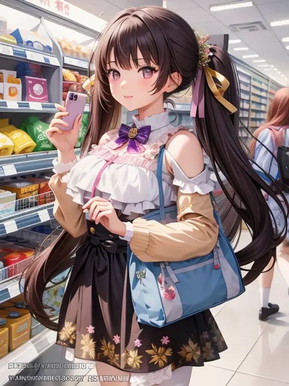 anime girl in a grocery store with a cell phone, cute anime waifu in a nice dress, anime moe artstyle, beautiful anime high scho...