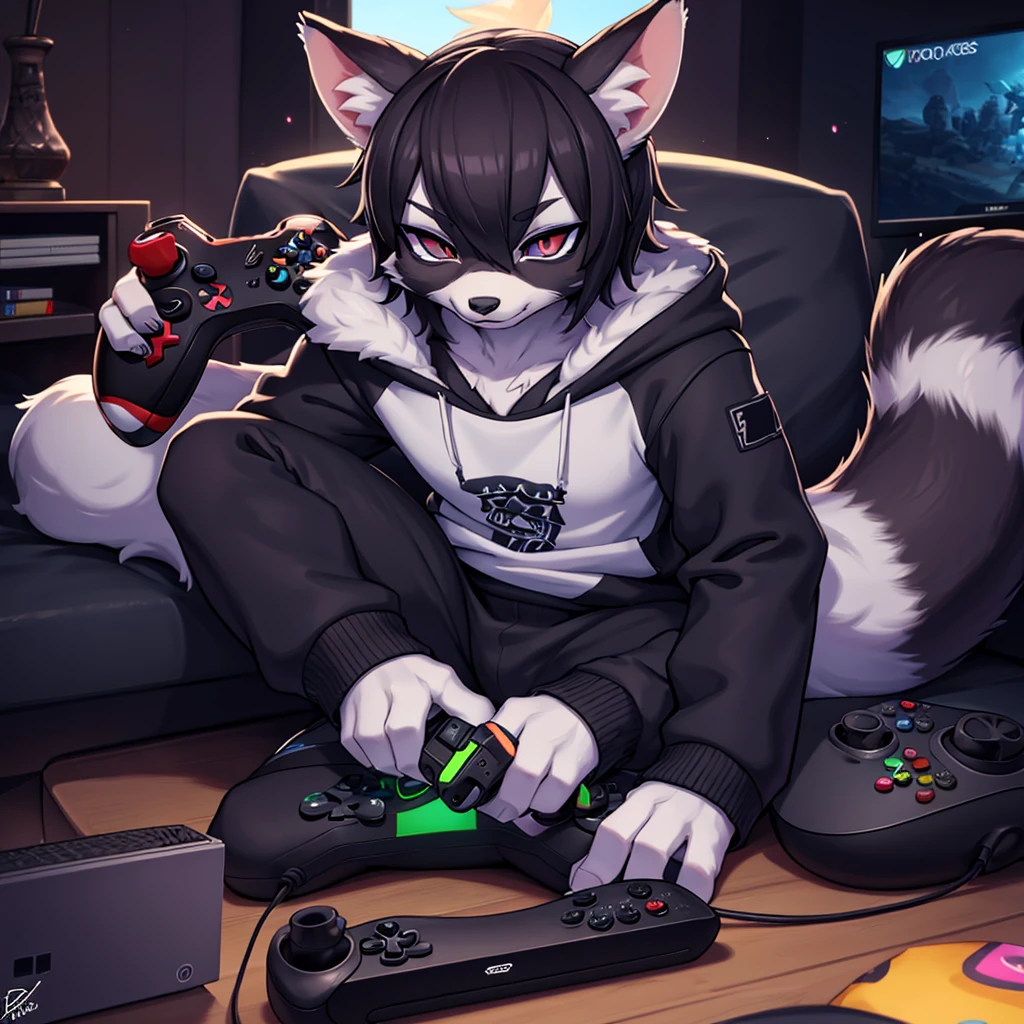 Sfw safe for work, Epic Furry male Emo Racoon, wearing video game stuff -  SeaArt AI