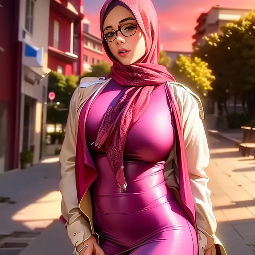 a woman in a pink scarf and skirt standing in a parking lot, pastel pink skin tone, beautiful female, mia khalifa, hijab(bra line), beautiful aesthetic, shot at golden hour, taken at golden hour, muslim, light skin, white and light-pink outfit, pastel pink, inspired by Maryam Hashemi, casually dressed, sara ali, african ameera al taweel