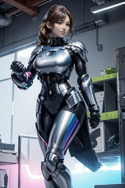 female robocop solo、Armor that completely covers the entire body、very large armor、helmet covering eyes、rainbow armor、Armor that ...
