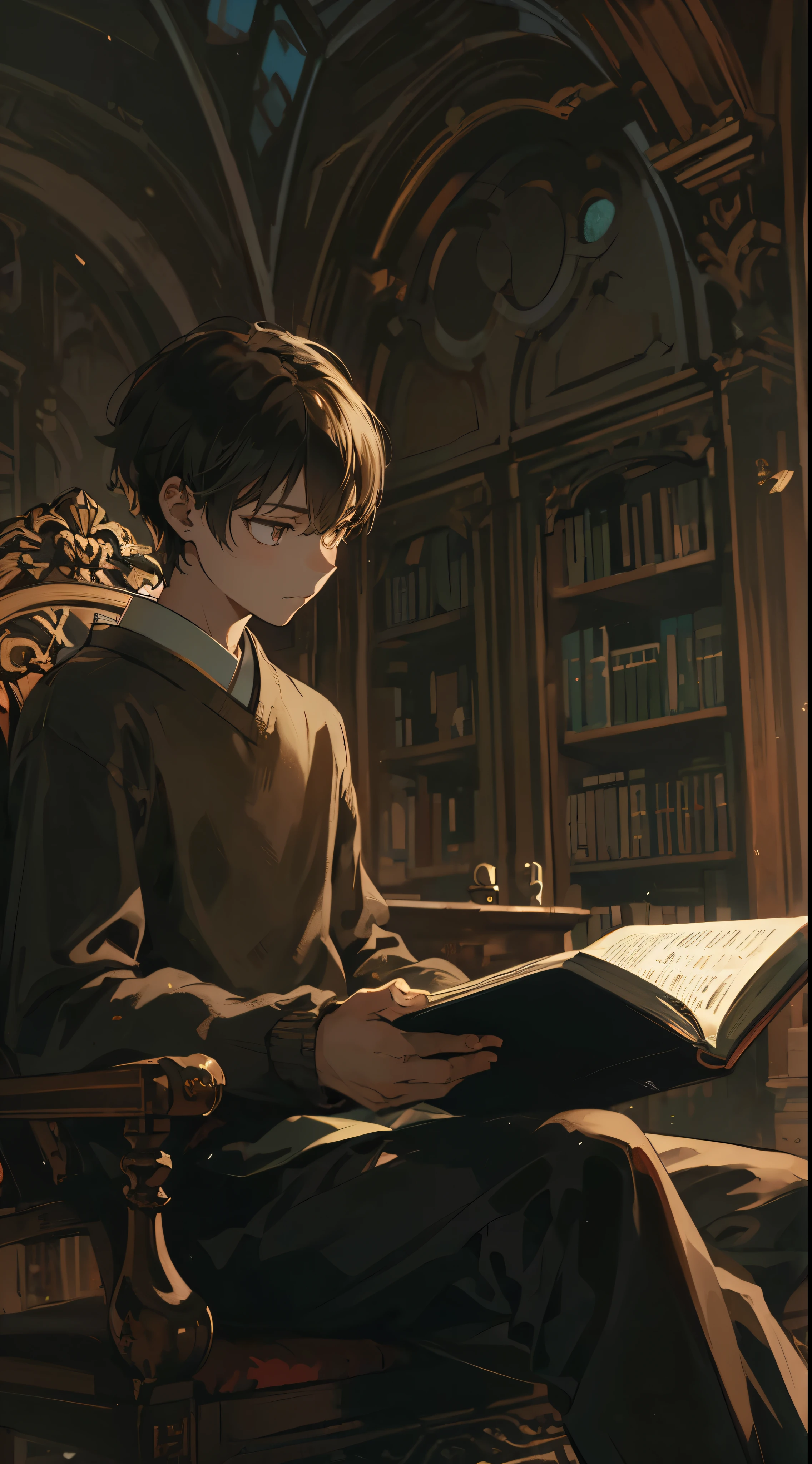 (((anime japonés))),alta calidad, cantidad de dibujo, ilustración pixiv, Escena que representa a un apuesto joven absorto en un libro en una tranquila zona de lectura de una antigua biblioteca. él está sentado en una silla de madera con reposabrazos, sosteniendo una obra literaria clásica en la mano. Un joven pasando las páginas con mirada intelectual, Su rostro estaba iluminado por la suave luz de una lámpara de lectura... el esta elegantemente vestido, Usar un suéter oscuro y pantalones. En el fondo, Hay techos altos y viejas estanterías de madera.., Varios libros están cuidadosamente alineados.. la habitacion esta en silencio, Sólo se escucha el sonido ocasional de páginas al pasar.. Esta escena representa la sed de conocimiento y la belleza de un ambiente tranquilo.。