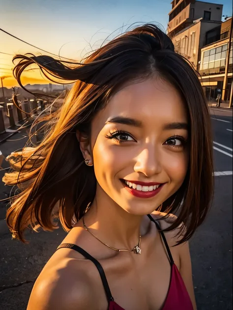 1 punk girl, fish eye, Self-shot, Wind, hair messy, Sunset, Cityscape, (Aesthetics and atmosphere:1.2),Smiling