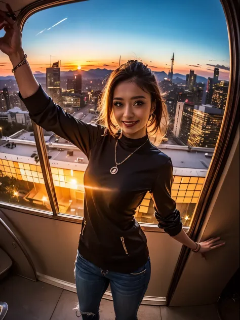 1 punk girl, fish eye, self-shot, wind, hair messy, sunset, cityscape, (aesthetics and atmosphere:1.2),smiling