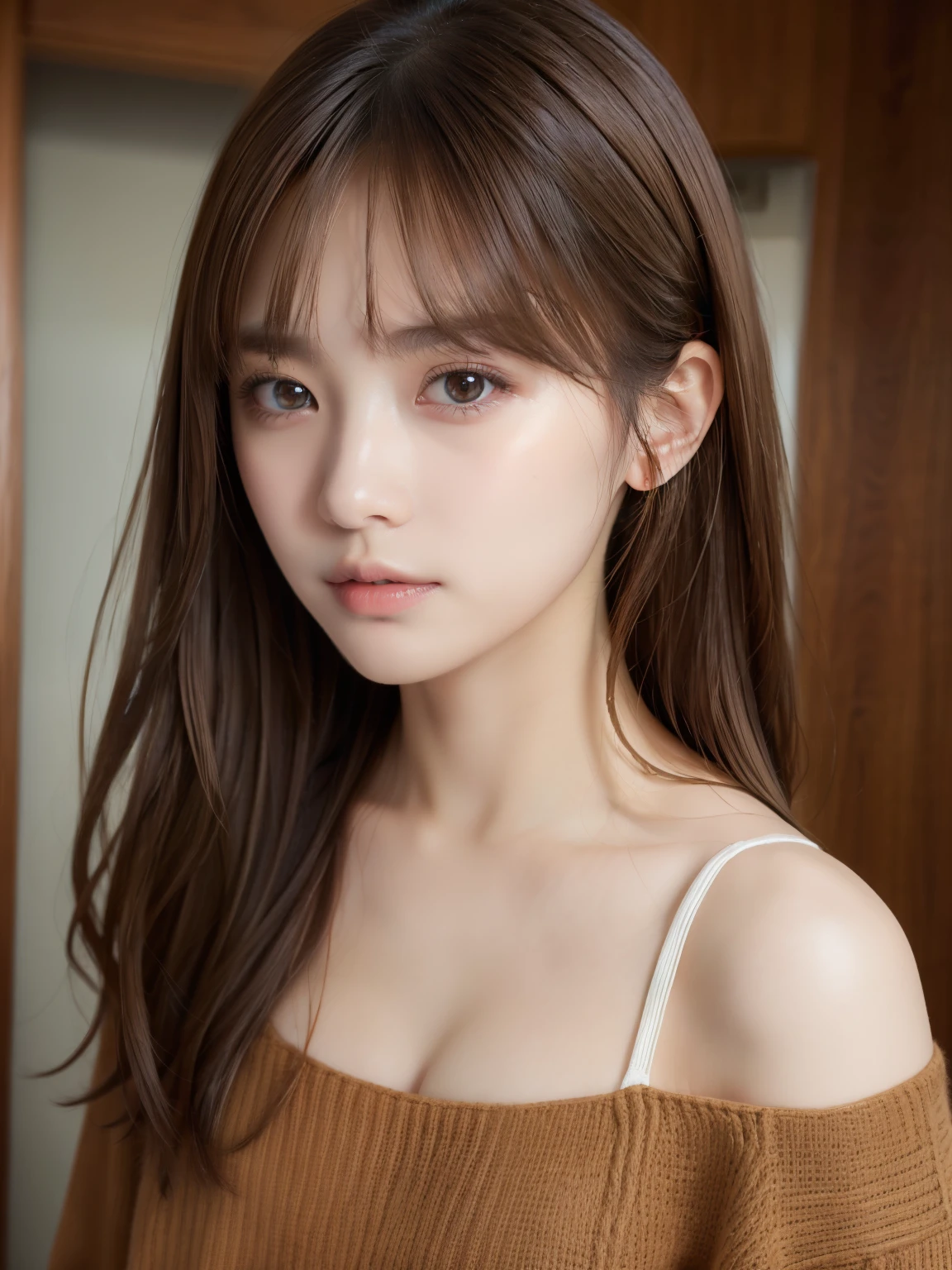 (masuter piece:1.3)、(8K、Photorealsitic、Raw photography、top-quality: 1.4)、(1girl in)、美丽的面容、(Lifelike face)、(Brown hair:1.5)、(Medium Hair)、Beautiful hairstyle、（One eye is hidden by bangs：1.2）、frontage、beatiful detailed eyes、（real looking skin）、Beautiful skins、（Sweaters）、absurderes、enticing、超A high resolution、A hyper-realistic、high-detail、the golden ratio