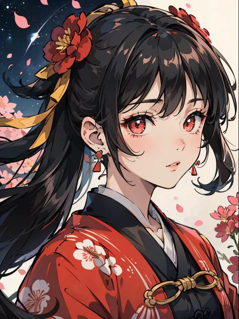 1 girl , black hair, floating hair, twintail, sharp red eyes, starry pupils, intricate damask hanfu, gorgeous accessories, wearing sakura flower earrings, FOV, f1.8, masterpiece, complex scene, flower petals flying, front portrait shot, looking the viewer