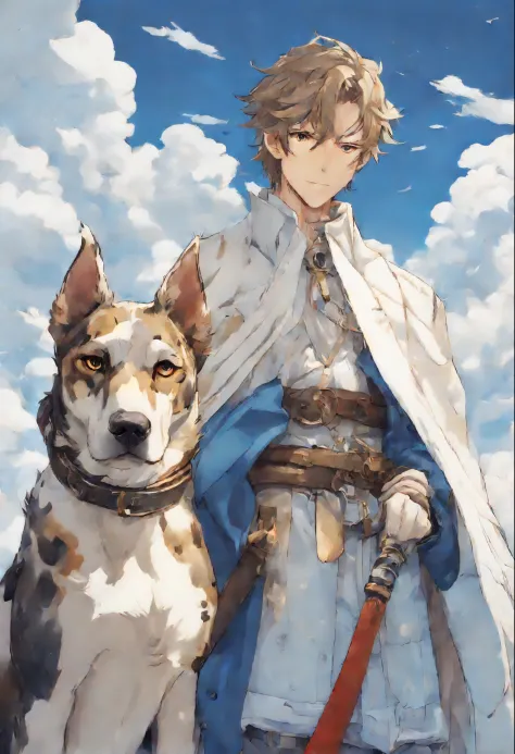 close-up of a dog of the German breed DRG, Merle color (white with black spots) hugs a girl, Great Dane walking on the clouds with a man, fluffy clouds, casimir art, illustration of shigenori soejima, boris valejo. Smiling Great Dane dog, Detailed drawing ...