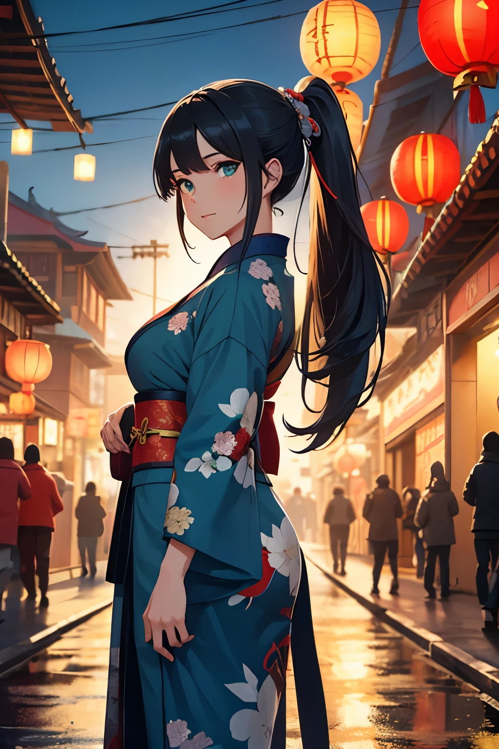 girl with long dark hair in a ponytail in blue Chinese traditional kimono, green eyes, small breasts, walking in the street of chinese traditional ancient fantasy city, night, chinese new year decorations, lights, paper lanterns, fireworks