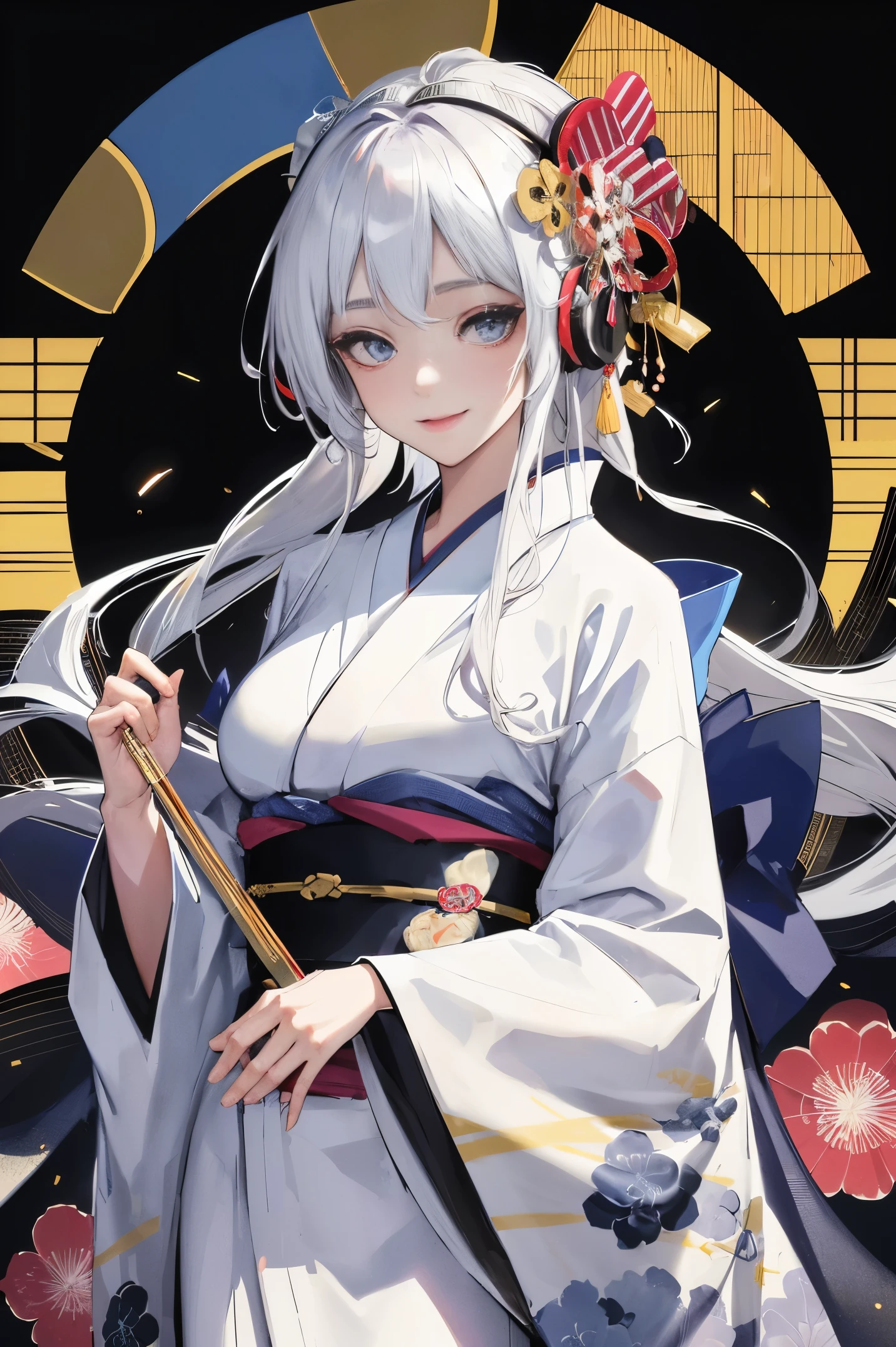 "anime girl, 1 person, silver white hair mixed with black, blue eyes, wearing headphones, wearing a kimono, women's kimono, traditional kimono, detailed outfit, big breasts, white kimono mixed with black, stockings  long, standing cross-legged, smiling shyly, looking from many directions, night, festival, New Year's Eve fireworks, watching fireworks, solo(full HD Image 4K+)"