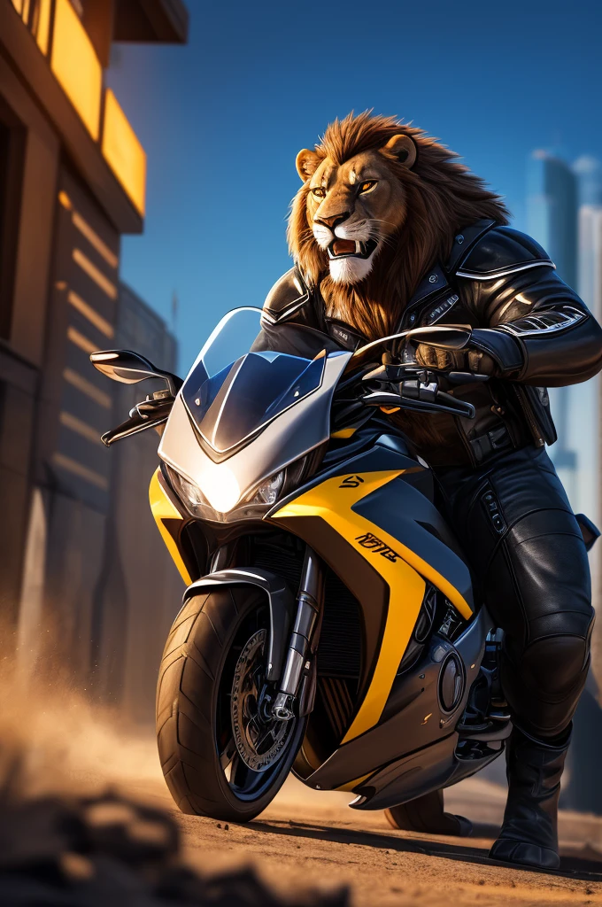 Male lion standing on his motorcycle, roaring agry on the upcoming ...