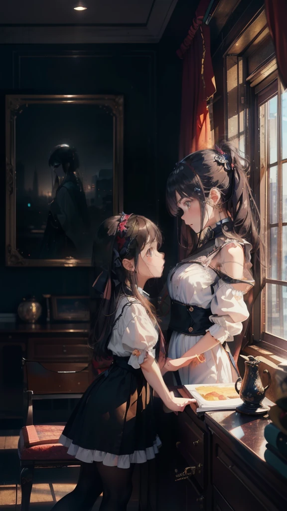 two little girls girls in a room, soft light,star-sky-through-window,night city lights background,(best quality,4k,8k,highres,masterpiece:1.2),ultra-detailed,realistic:1.37,HDR,UHD,studio lighting,ultra-fine painting,sharp focus,physically-based rendering,extreme detail description,professional,vivid colors,bokeh,portraitantasy art,Highest image quality,Hyperrealist (8k),ultra-realistic,best quality, high quality, high definition,