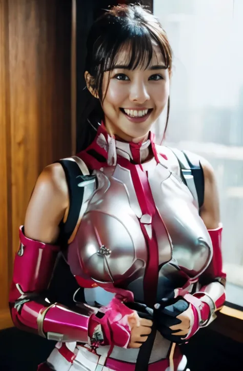 pink power range lemele、Realistic, shiny dark pink and white suit、Power Rangers Bodysuit、professional photo japanese model,fleshy body, A smile、Colossal tits、A dark-haired、Sweaty face、In the sauna、Emphasis on nipples、Sleeveless