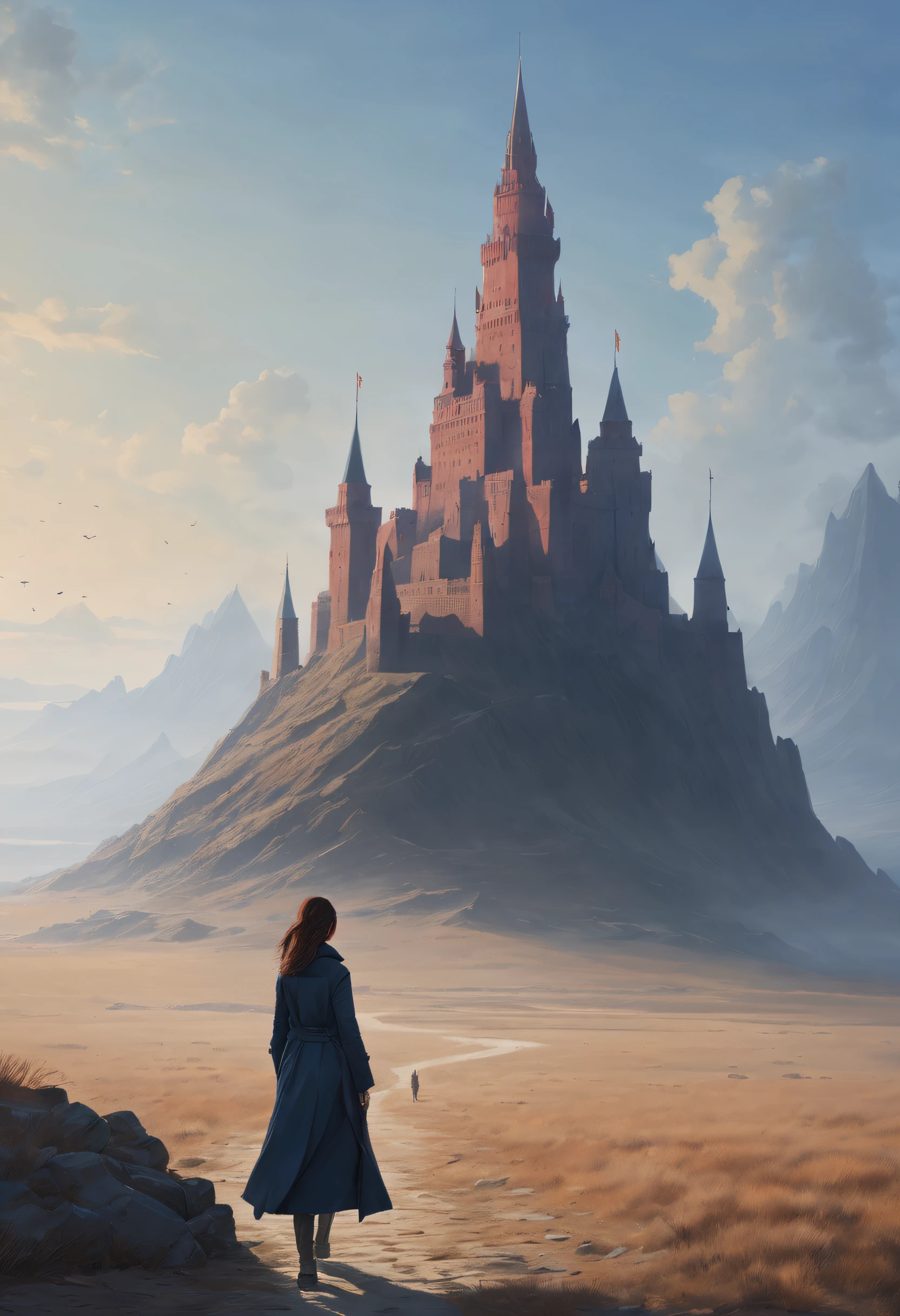 masterpiece, illustration, ((massive giant military babel fortress made of carving stone standing on desert land far away)), (babel tower), pale blue sky, sunlight, fog, shadow, dark grass with stone, uninhabitable, barren land, nature, (mountains), unsaturated, (young girl wearing dark blue coat walking towards the castle standing far away), medium length red hair, moscow, soviet union, (dark dragon with glowing red eyes flying on the sky above the fortress)