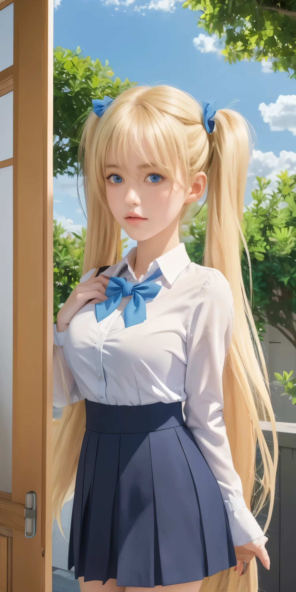 1girl, blonde_hair, blue_eyes, blue_sky, blush, breasts, bush, cloud, cloudy_sky, day, frown, hair_ornament, hair_scrunchie, long_hair, school uniform, looking_at_viewer, medium_breasts, outdoors, scrunchie, shirt, sky, solo, tree, twintails, upper_body, window
anime, hdr, soft light, ((best quality)), ((masterpiece)), (detailed),