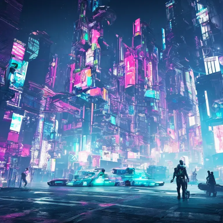 "Generate a cyberpunk-inspired portrait featuring a futuristic cityscape, neon lights, and a protagonist with cybernetic enhance...