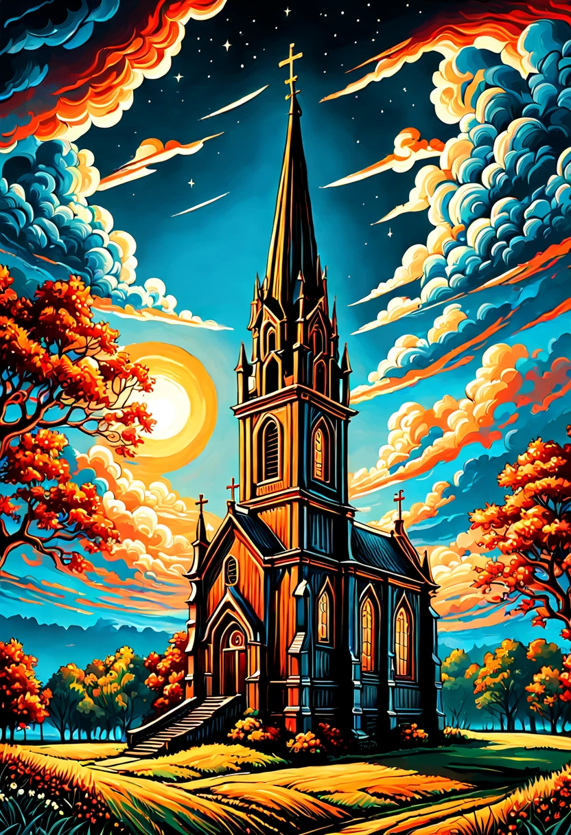 a painting of the church in ruigoord with a tower and a sky background, inspired by Dan Mumford, dan mumford and alex grey style, in the style dan mumford artwork, in the art style of dan mumford, dan mumford paint, el bosco and dan mumford, anton fadeev and dan mumford, painting by dan mumford, by Dan Mumford, jen bartel