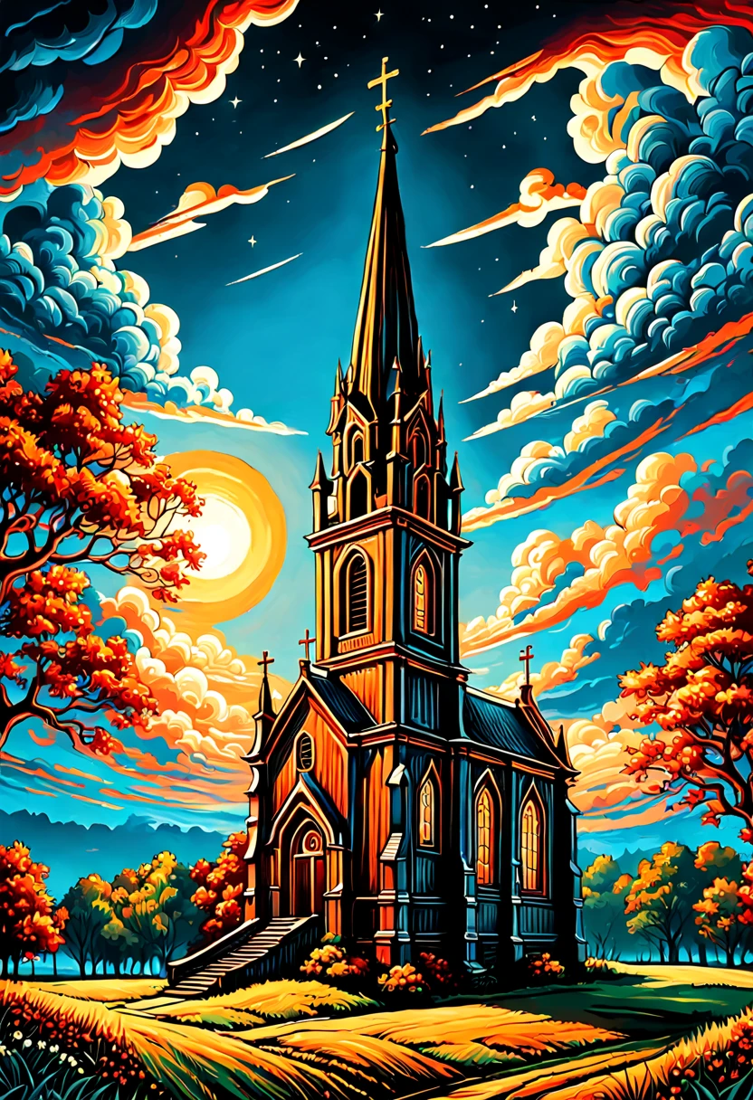 une peinture de l&#39;église de Ruigoord avec une tour et un fond de ciel, inspired par Dan Mumford, Dan Mumford et Alex Grey style, dans le style de l&#39;œuvre d&#39;art de Dan Mumford, dans le style artistique de Dan Mumford, et de la peinture Mumford, El Bosco et Dan Mumford, Anton Fadeev et Mumford, peinture de Dan Mumford, par Dan Mumford, juste une blague