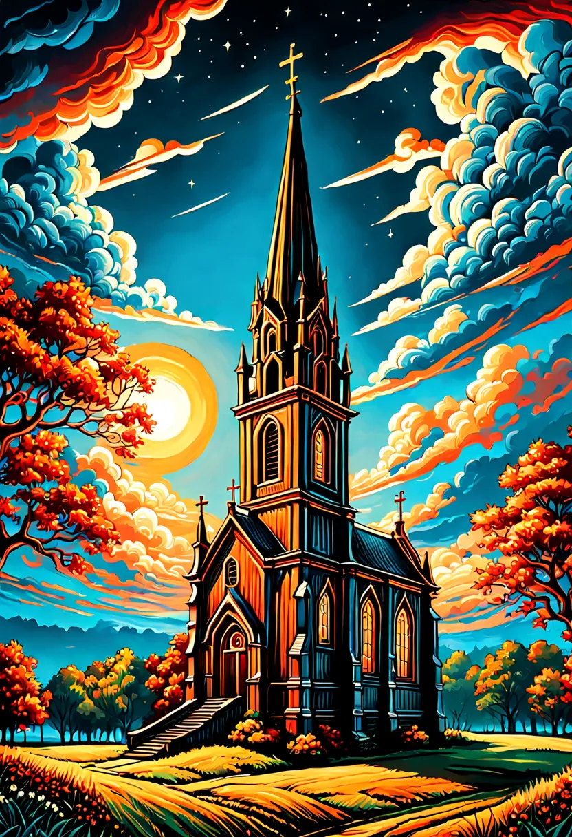 a painting of the church in ruigoord with a tower and a sky background, inspired by Dan Mumford, dan mumford and alex grey style...