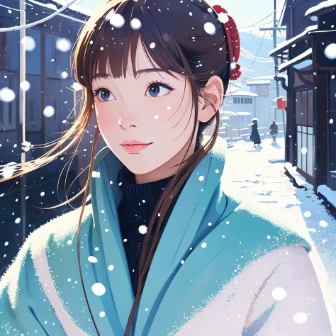 Illustration style、ukiyoe paiting、Showa Anime、woman、snow、sensitive