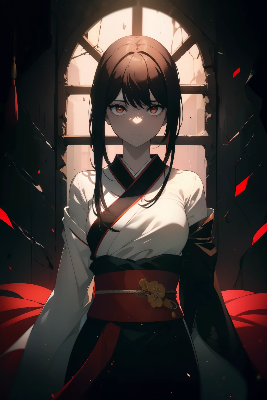 ((((Obra maestra, La mejor calidad, ultrahigh resolution)))), 1girl, standing, ((wearing red kimono)), (long black hair in view, in frame), pale skin, ((brown eyes)), (glowing_eyes, luminescent eyes), ((ultra detailed eyes:0.7, beautiful and detailed face, detailed eyes:0.9)), (centered), smile, (wide shot), ((vibrant background of outside, flowers, bright lighting, summer, sunlight)), flat chested, looking at viewer, ((head:1, hips, elbows, arms, in view)), ((hands behind back:0.7)), beautiful lighting, defined subject, (18 years old), ((cool looking)), ((glare))