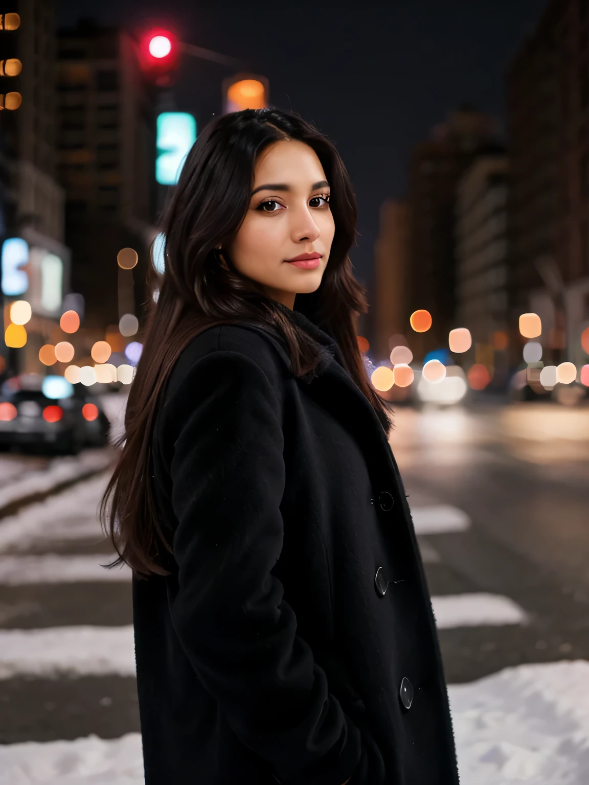 __hair color__, Latina woman, long hair, New York City background, winter, professional, 4K, HD, UHD, 8K, high detail, ultra definition with pitch black hair