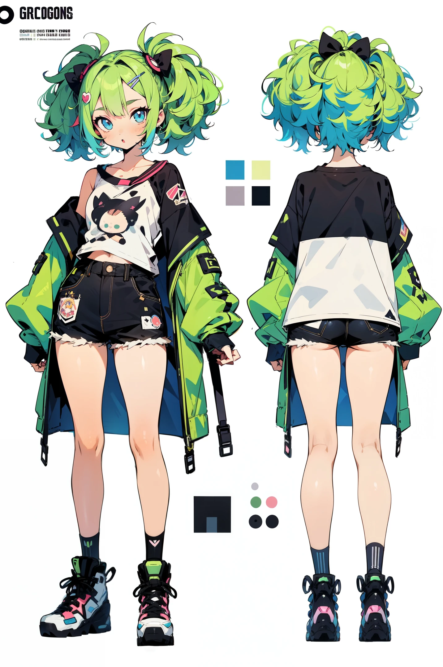 1 Solo girl, anime illustration, refsheet, turnaround, girl, anime styled, character design, 2d, oversized tshirt and shorts, black and gray, light skin, green hair, blue eyeackground