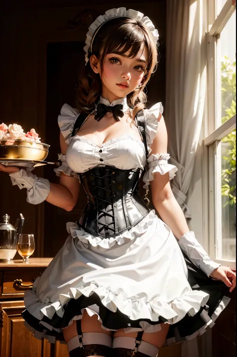 generate a beautifull maid wearing french maid outfit with corset, puffy shoulders and thong, showing thighs and crotch, stockin...