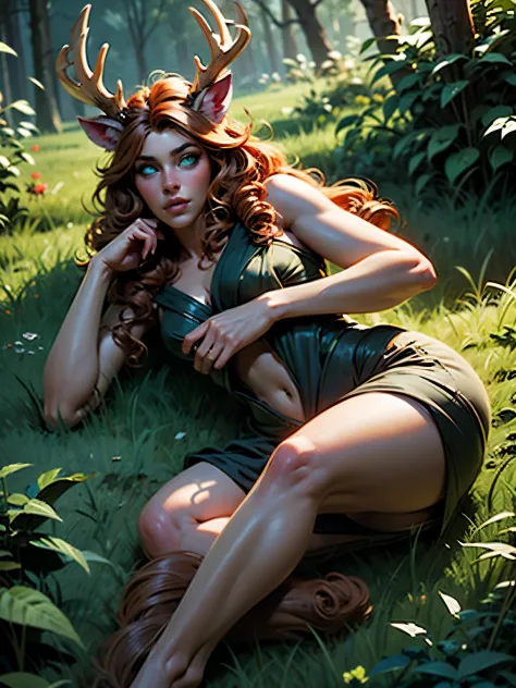 masterpiece, highly-detailed, hyper realistic, full-body shot from above of a small beautiful satir druid female laying on her b...