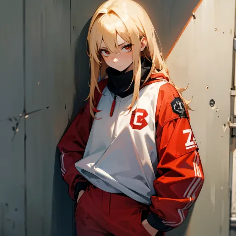 Flow the right half of the hair back、a blond、Bad eyes、glares、White muffler、Red jersey jacket、red jersey pants、Bad Girls、hitornfreckles、hands in the pocket、Leaning against the wall