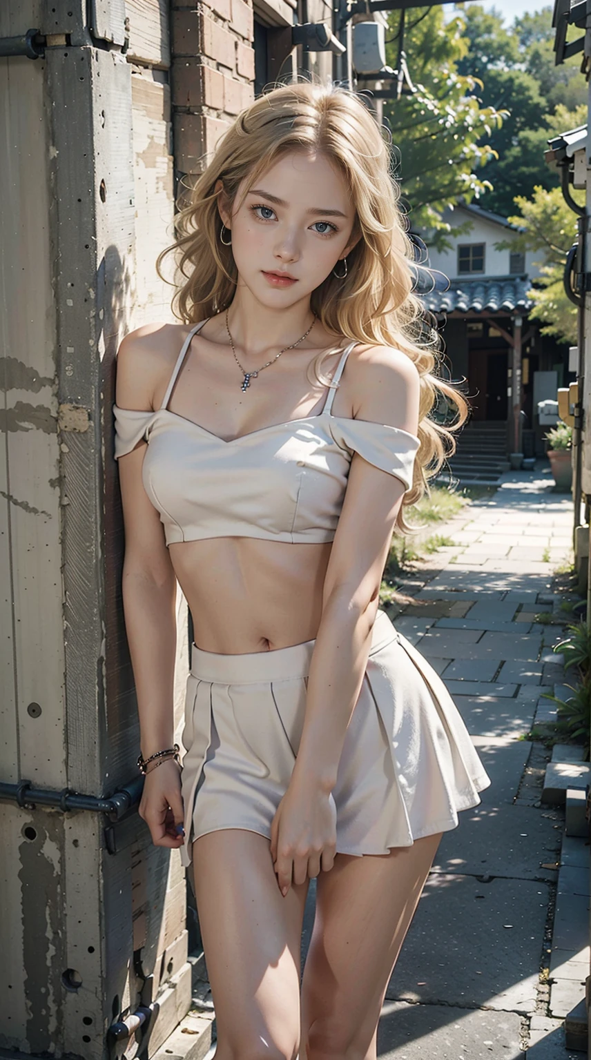 24-year-old Caucasian woman、Hair color is blonde、Eye color is blue、Longhaire、Slender but well-proportioned muscular man、My abs are cracked、The belly button is out、a smile、I&#39;m wearing a necklace、accessories on wrist、Wearing a one-shoulder top、She is wearing a low-rise pleated skirt.、I'm wearing sandals、Near the arch in the alley in the old town、Leaning your back against the wall、Facing to the side