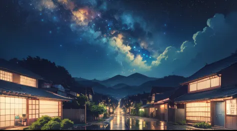 ((Hayao Miyazaki style,dark night,Gorgeous starry sky:1.5)), praise, praise style, modern japanese street, modern japanese archi...