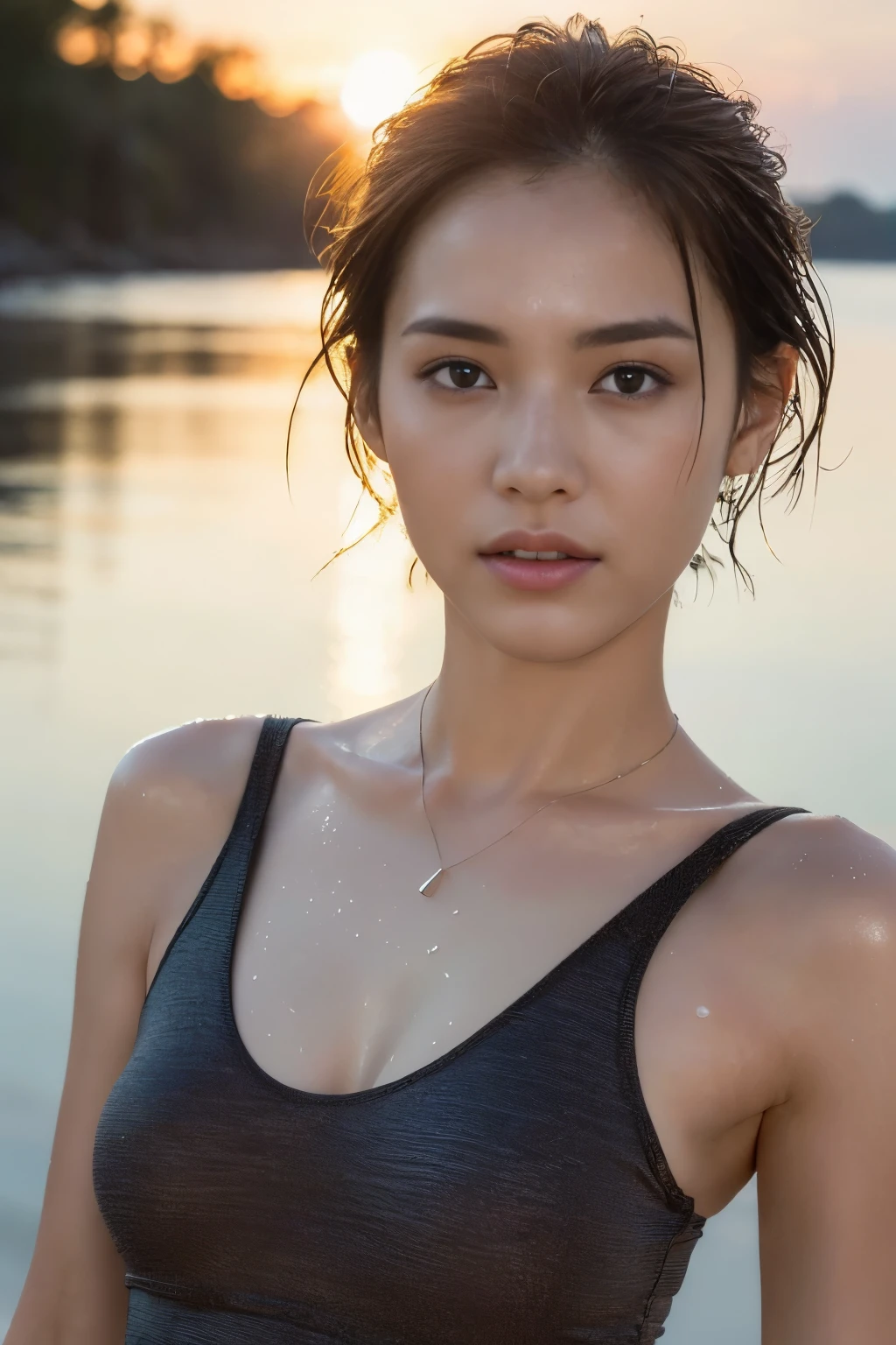 ((top-quality、8K、​masterpiece: 1.erfect Body Beauty: 1.4、Slender Abs: 1.2、Beautiful woman with slender abs:1.3、(Highlight Haircutreast B Cup:1.2), medium breast, round shape breast, perfect shape breast, ((( wear wet T-shirt, wide neck))) (((black strap on shoulder))), pubic hair,hight pubic bone,  necklace, hyperdetailed face、18year old、 Pretty women、(Dark brown short-cut hair), Slim Face、Highly detailed facial and skin texture、very detailed lips、opens legs、top-quality、​masterpiece、超A high resolution、(Photorealsitic:1.4), walked forward confidently, long shot , (outdoor), bright background, sunset light,