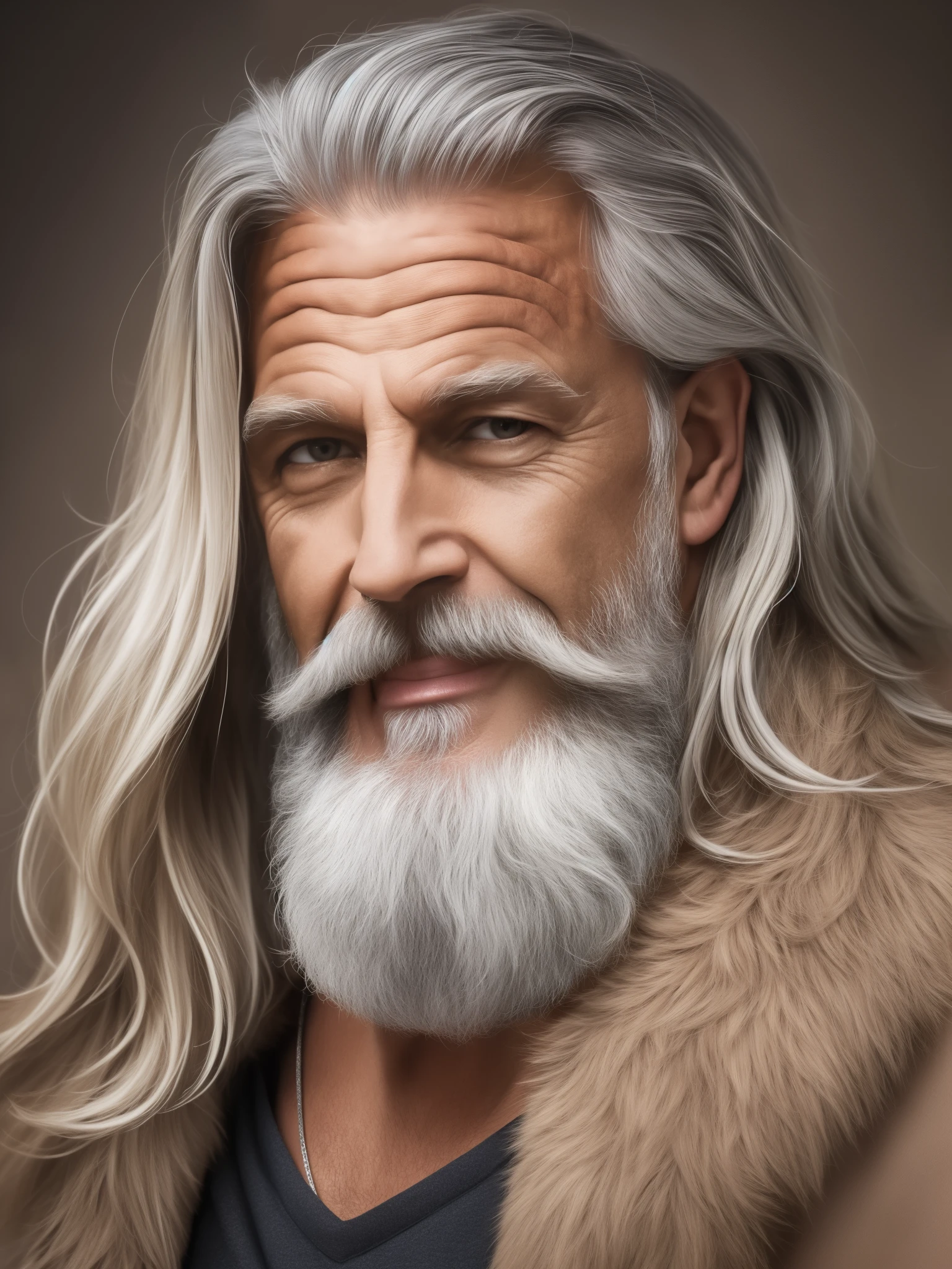 portrait complet de Zeus, environ 50 ans, très sophistiqué et beau, et séduisant, sourire subtil, avec des yeux sereins, barbe et longs cheveux gris, regarder la caméra --auto --s2