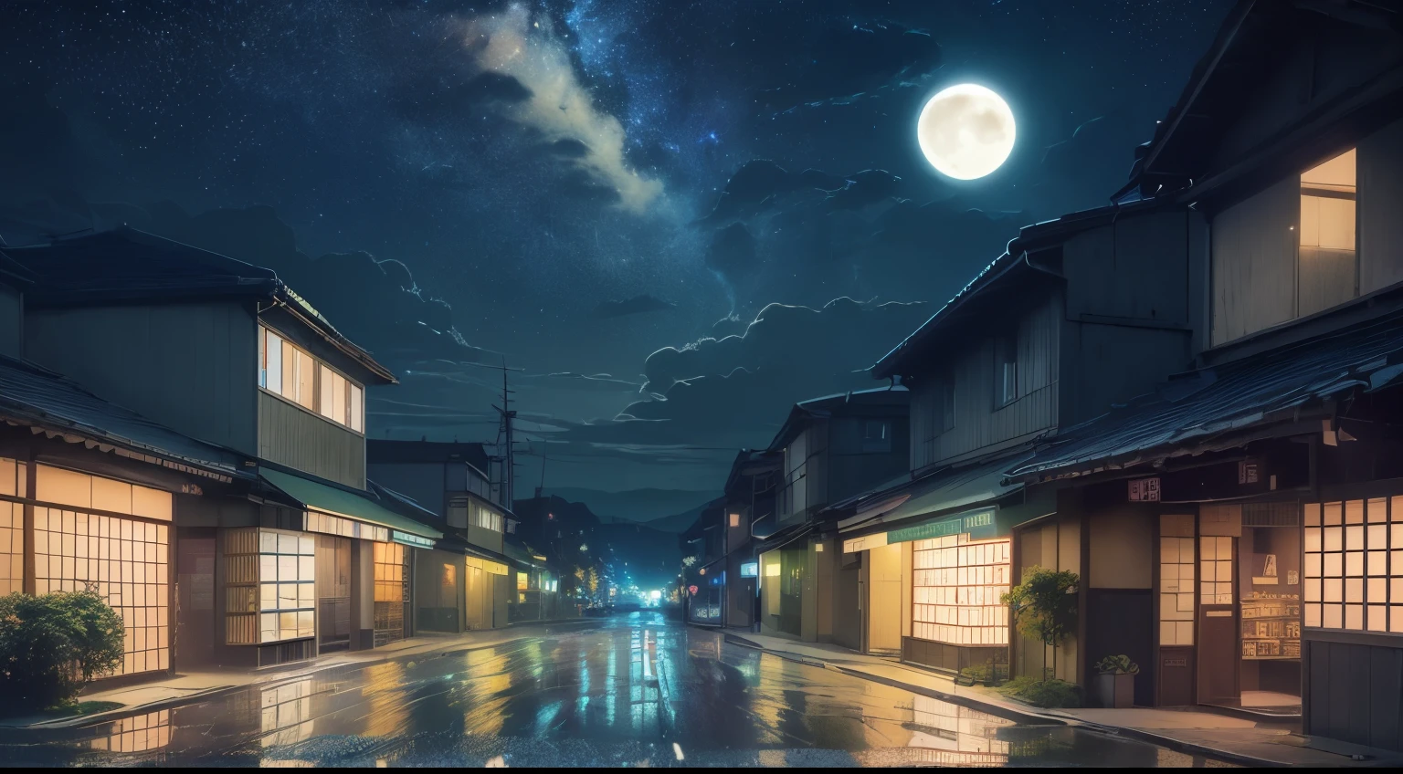 ((Hayao Miyazaki style,dark night,Gorgeous starry sky,bright moon:1.5)),((more detail:1.2)), praise, praise style, modern japanese street, modern japanese architecture, japanese convenience store, big retro japanese store sign, retro japanese shop, tree, plant, rocks, flowerpots, shop signs, japanese banners, japanese signs, flags, sunrise, rain, raining, dramatic weather, rain falling from the sky, rain drops, empty streets, no one in sight, (no one: 1), best quality, Tokyo countryside,wide shot, Wide-Angle, Ultra-Wide Angle, f/4.0, Sony FE , 135mm, chiaroscuro, ray tracing, Fujicolor,