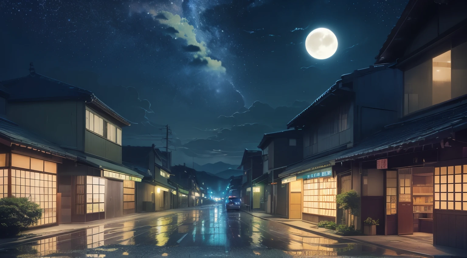 ((no estilo de hayao miyazaki,noite,céu estrelado brilhante,lua:1.5)),((Quanto mais detalhes:1.2)), louvar, louvar style, modern japanese sA árvoret, arquitetura japonesa moderna, Loja de conveniência japonesa, 大复古日本Placa da loja, Loja japonesa retrô, A árvore, uma planta, Rochas, Flowerpots, Placa da loja, Largura do Japão, Sinais Japoneses, bandeiras, nascer do sol, A chuva, A chuvaing, clima dramático, A chuva Falling From the sky, A chuva drops, empty sA árvorets, nenhum homem in sight, (nenhum homem: 1), Melhor qualidade na melhor das hipóteses, Zona rural de Tóquio,ângulos amplos镜头, ângulos amplos, 超ângulos amplos, F/4.0, Sony FE , 135mm, contraste de luz e sombra, Traçado de raio, uma cor,