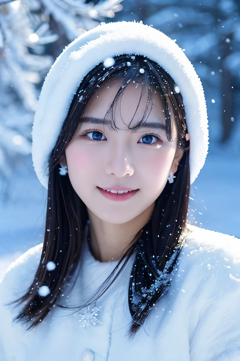 1girl in, (white winter costume:1.2), Japanese beautiful actress,
(Raw photo, Best Quality), (Realistic, Photorealsitic:1.4), (masutepiece), 
Snow Princess, Beautiful detailed eyes, Beautiful detailed lips, extremely detailed eye and face, long eyelashes,
Snowflake Earrings,
BREAK
(Lapland snow field in winter), 
Sparkling snowflakes, ethereal beauty, Swirling snowflakes, Snowy trees々, A world full of dazzling light,
Luminescent debris, Powder snow, Snowflakes shining in the sunshine, snow-capped mountain, Icy breath, 
Blue and silver color scheme, Ramatic Lighting, diamond dust shine,
BREAK Perfect Anatomy, Slender body, Small, Short hair, Archaic Smile,
Crystal-like skin, -Clear eyes, 
Ultra-realistic, Photorealsiticです, photograph, photogenic