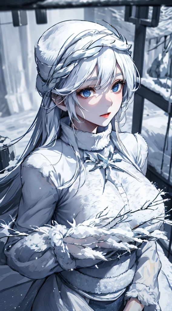 1 Mädchen, Oberkörper, Einzelfokus, eis schönheit, Outfit inspiriert von Yuki Onna, Ein frostiger Blick, (Verschneite Landschaft: 1.4), (blizzard: 1.3), Schneeweiße Haut, Eine kalte Aura, [Tiefenschärfe, Umgebungslicht, Der Vordergrund ist mit Schnee bedeckt., Schneewald background], Schneewald, kalter Wind, See aus fallenden Schneeflocken), (Eishöhle: 1.2), komplizierte detaillierte, verbesserte Beleuchtung.