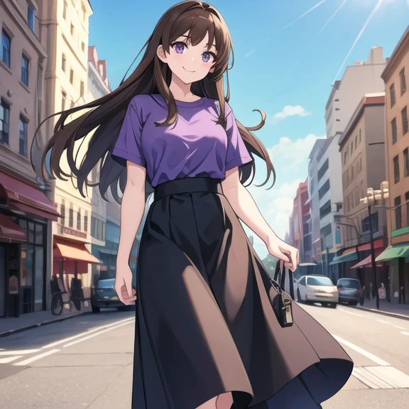 Best quality, Masterpiece, 1girl, long brown hair, purple eyes, wearing plain blue shirt, black long skirt, smile, in the city, sunny day, high res, 4K, looking at viewer