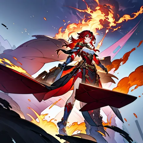 Woman of average height, swarthy skin color, shoulder-length red hair, half-naked gladiator armor, fire falcon, Vennessa Genshin...