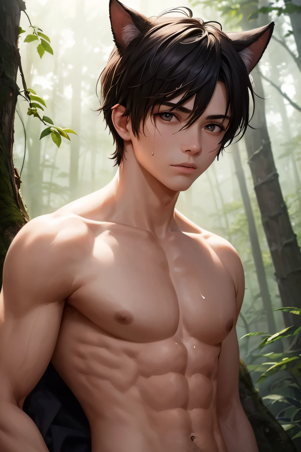 15yo, 1boy, forest, cat ear, round face, sweating, ripped abs, delicate eyes, oil painting, detailed brushstrokes, vibrant colors, dramatic lighting, highres, realistic