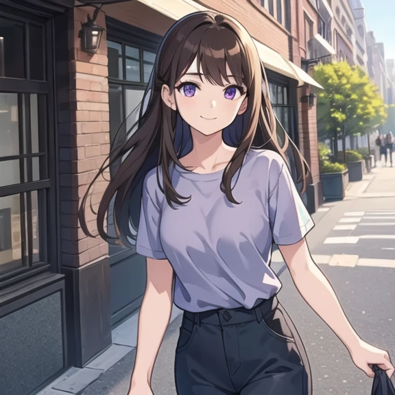 Best quality, Masterpiece, 1girl, long brown hair, purple eyes, wearing plain blue shirt, black long skirt, 1 boy, short brown hair, green eyes, wear grey tshirt and farmer pants, best eyes, walking, smile, in the city, sunny day, 4K, looking at viewer