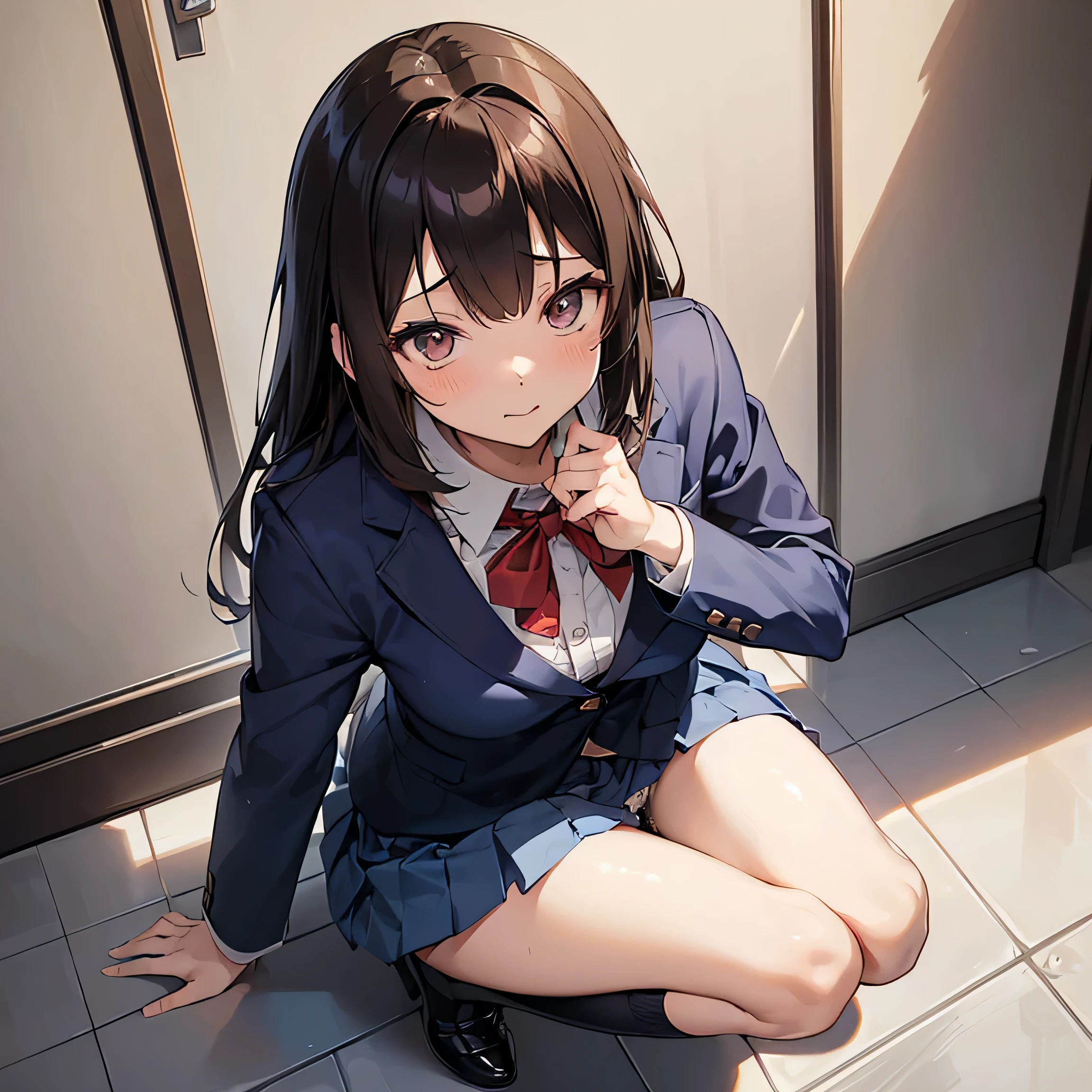 ((((masutepiece, Highest Quality, Best Quality, 1girl in, Solo, Beautiful anime、Detailed picture))))、18year old、A slender、slightly larger breasts、skinny thigh、((dark brown hair、Straight、Longhaire、Brown-eyed、rounded eyes、Clear department、、)),((Dirty floolthy floors、dirt、gray tiles、public restroom))、((Dark blue blazer、Dark blue skirt、、bow ribbon、lowfers)))、Nasty face、cum on、NSFW、(((Show panties、cute panty、Fluid overflowing from the female genitalia、masturbate、masturbate、masturbate)))、(crouching down、open one's legs、Place your heels on the ground、shot from front)、Photo from the knee up、