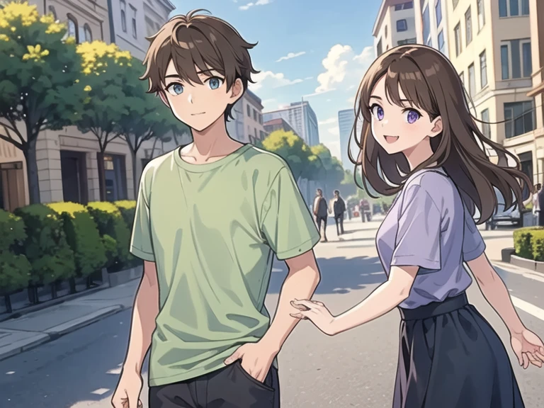 Best quality, Masterpiece, 1 boy, 1 girl, boy has short brown hair, green eyes, wear grey tshirt and farmer pants, best eyes, girl has long brown hair, purple eyes, wearing plain blue shirt, black long skirt, walking, smile, in the city, sunny day, 4K, looking at viewer