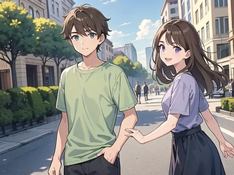 best quality, masterpiece, 1 boy, 1 girl, boy has short brown hair, green eyes, wear grey tshirt and farmer pants, best eyes, gi...