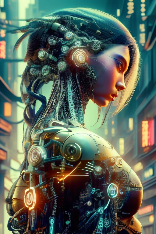 шедевр, цифровое искусство, Нереальный движок, компьютерная девушка-киборг с длинными волосами, сделанными из оптоволоконных кабелей, все тело, идеальное тело, корпус, состоящий из механических частей и кабелей, в мире в стиле киберпанк 2077