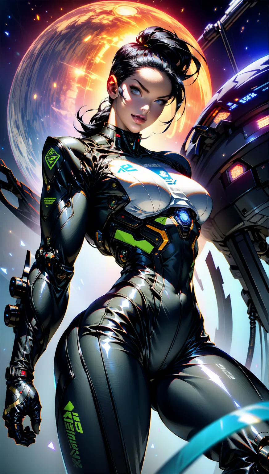 (1 girl), (megan fox:1.25), (skin tight cybernetic android mecha armor:1.25), (muscular female android:1.25), nijistyle, rfktr_t...